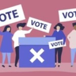 graphic of people holding signs that read, "vote"