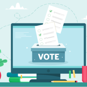 computer with a voting box and ballots