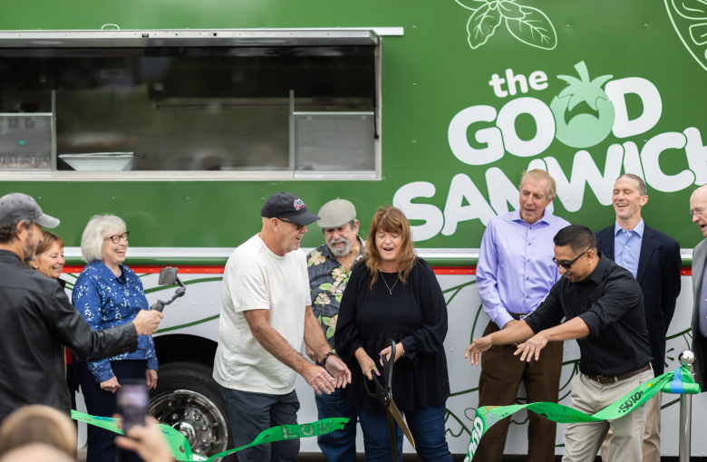 Good Samaritan CEO Sylvia Barnard (center) was joined by a large group of assorted well-wishers and co-conspirators at the Santa Barbara Mission on Tuesday for a ribbon-cutting to celebrate the new Good Samwich food truck. | Credit: Ingrid Bostrom