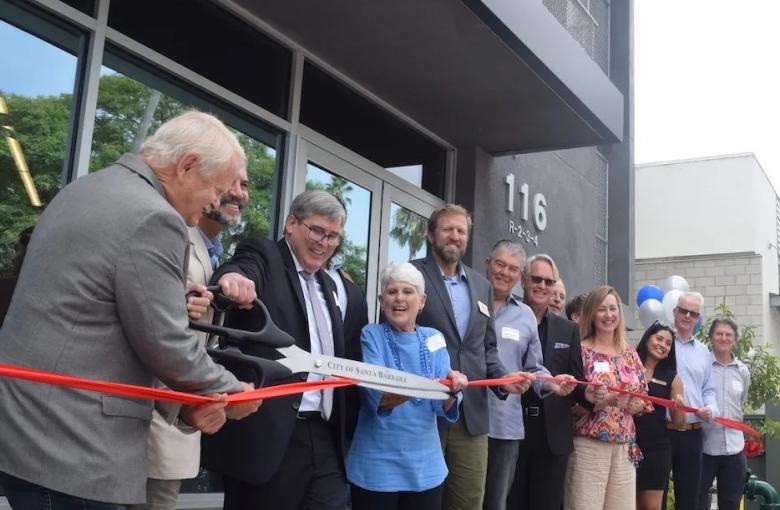 Mayor Randy Rowse, Housing Authority of the City of Santa Barbara Director Rob Fredericks and others cut the ribbon to the 28-unit Vera Cruz Village on Thursday, August 31, 2023. | Credit: Ryan P. Cruz