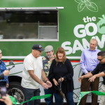 Good Samaritan CEO Sylvia Barnard (center) was joined by a large group of assorted well-wishers and co-conspirators at the Santa Barbara Mission on Tuesday for a ribbon-cutting to celebrate the new Good Samwich food truck. | Credit: Ingrid Bostrom